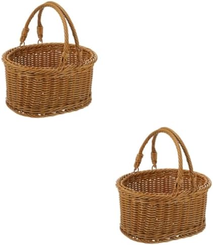 PRETYZOOM 2pcs Hand Woven Imitation Rattan Basket for Outdoor Use Multi-functional Picnic Fruit and Flower Storage with Handles Rustic Design for Home and Garden Decor by PRETYZOOM