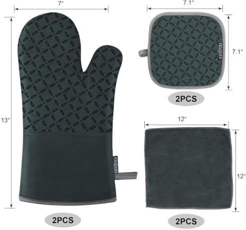 KEGOUU Oven Mitts and Pot Holders 6pcs Set, Kitchen Oven Glove High Heat Resistant 500 Degree Extra Long Oven Mitts and Potholder with Non-Slip Silicone Surface for Cooking (Deep Green) - Image 2