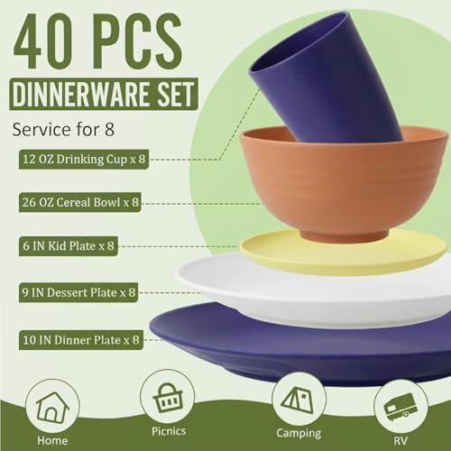 Wheat Straw Dinnerware Sets 40 PCS - Dishes Set for 8 Unbreakable Plates and Bowls Sets with Cups Dishwasher & Microwave Safe Lightweight Dinnerware for Kitchen Camping RV - Mondrian Colors - Image 2