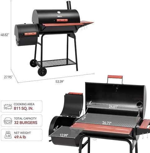 Royal Gourmet 30-Inch Charcoal Grill with Offset Smoker, Wood-Painted Table - Image 4