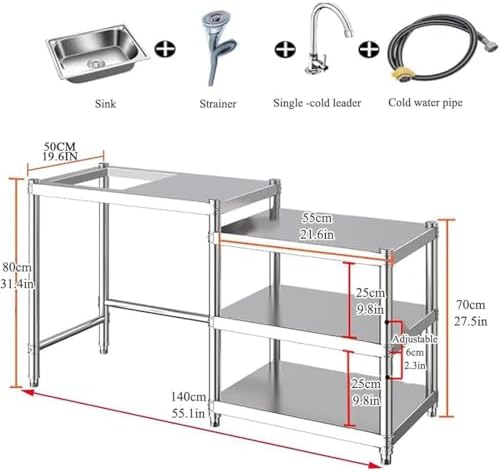 Stainless Steel Kitchen Prep Table with Sink, 3-Tier Multi-functional Washing Hand Basin Station, Utility Free-standing Work Table & Storage Shelves for Backyard BBQ, Garage, Garden - Image 7