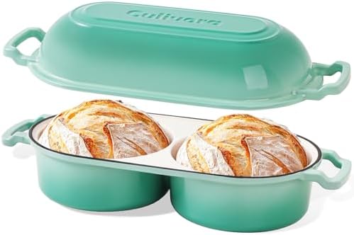 Cast Iron Bread Pan with Lid, Mini Enamel Sourdough Baking Dutch Oven Pot, Double Round Loaf Space for Homemade, Bread, Cake, Meatloaf, 16.5cm Diameter, 500°F Oven Safe, Non Stick, Green by Culivora