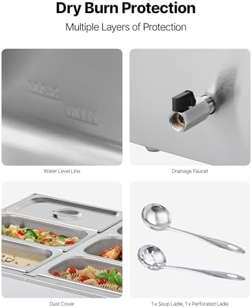 VEVOR Commercial Food Warmer, 1500W Electric Stainless Steel Steam Food Warmer with Lid, 6-Pan Fast Heating Countertop Buffet Bain Marie with Soup & Perforated Ladles, for Catering, Restaurant, Party - Image 6