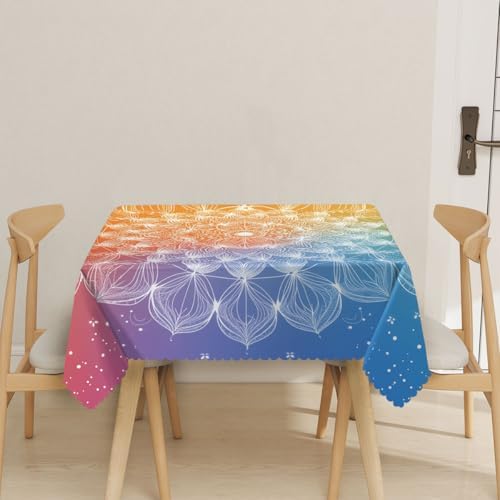 Mandala Tablecloth 54x54 Inch Square Rainbow Gradient Boho Mandala Tablecloths Polyester Table Cloth for Holiday Parties Kitchen Dining Indoor Outdoor - Image 2