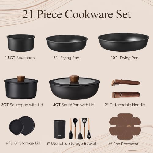 CAROTE 21pcs Pots and Pans Set Non Stick, Detachable Handle Cookware, Black - Image 2