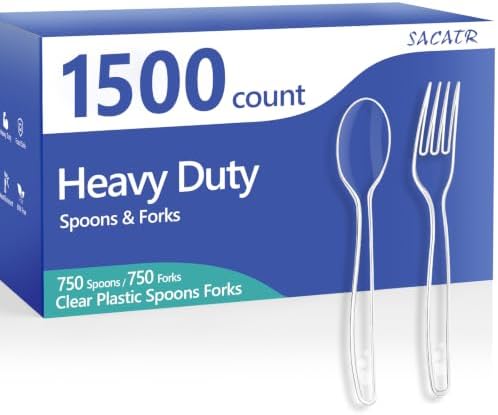 SACATR 1500 Count Clear Plastic Silverware Heavy Duty Forks, Spoons by SACATR