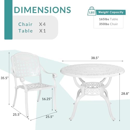 MEETWARM 5 Piece Patio Dining Set, Outdoor All-Weather Cast Aluminum Dining Furniture Set Includes 4 Chairs and 1 Round Table with Umbrella Hole for Garden Deck, White - Image 6