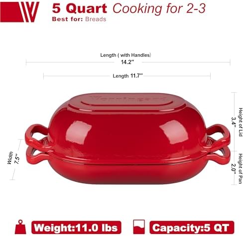 VORRINGARD Enameled Cast Iron Sourdough Bread Oven, Dutch Oven, Loaf Cast Iron Bread Pan for Homemade Bread Baking, Meatloaf Pan with Lid, 5QT, Red - Image 2