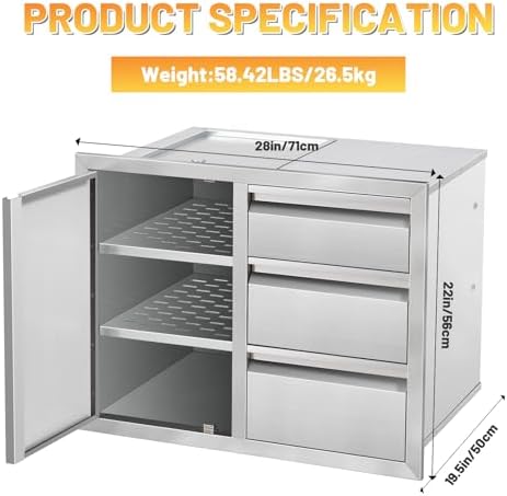 Outdoor Kitchen Drawer Combo Cabinet Stainless Steel Triple Drawers & Access Door, 28" W x 22" H x 19.5" D, Multi-Layer Design with Partition, Perfect for BBQ Grill Station - Image 3