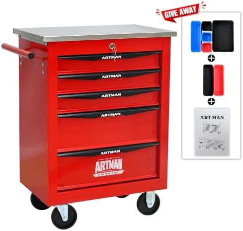 5-Drawer Heavy-Duty Rolling Tool Chest with Wheels & Steel Roof, Lockable Tool Chest Storage Cabinet for Garage, Workshop, Warehouse, and Repair Shop - Image 7