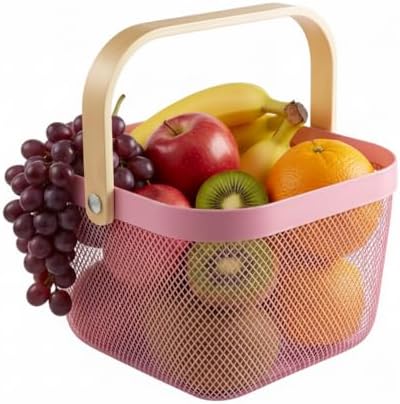 Mesh Steel Storage Organizer Basket Fruit Basket Bin with Wood Handle Ideal for Kitchen Bathroom Picnic Baskets Pantry Cabinets Storage Home Decor (Pink) by Ymeibe