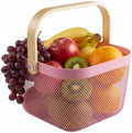 Mesh Steel Storage Organizer Basket Fruit Basket Bin with Wood Handle Ideal for Kitchen Bathroom Picnic Baskets Pantry Cabinets Storage Home Decor (Pink) by Ymeibe