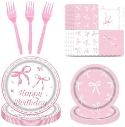 50 Pcs Pink Bow Birthday Decorations Plates, Napkins and Tableware by Exquisitehighqualitypartydecorationstomeetyoureveryneed%EF%BC%81