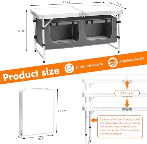 Camp Field Camping Folding Aluminum Table with Adjustable Legs for Outdoor Travel Beach, Backyards, BBQ, Party and Picnic Foldable Table - Image 3