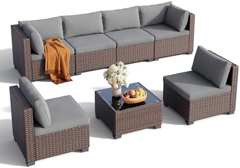 Qsun 7 Pieces Outdoor Patio Furniture Set, PE Rattan Outdoor Wicker Sectional Furniture Sofa Set, with Cushions and Glass Coffee Table, for Balcony, Porch, Garden, Grey - Image 3