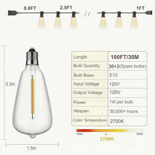100FT Outdoor String Lights, IP45 Waterproof Patio Lights LED ST38 - Image 6