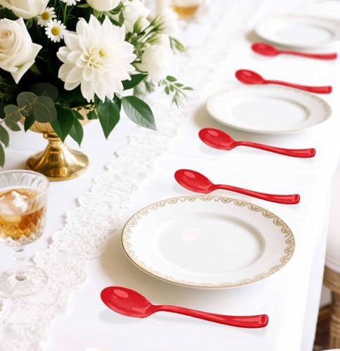SietDESEO 50 PCS Red Plastic Spoons Disposable Utensils Heavy Duty Red Spoons Disposable Cutlery for Birthday Wedding Baby Shower Bridal Shower Plastic Silverware - Image 6