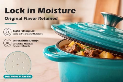 Leonyo 4-Quart Enameled Cast Iron Dutch Oven Pot with Lid, Lake Green - Image 4
