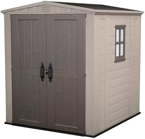 Keter Factor 8x8 Ft All-Weather Storage Shed with Skylight, Window, Built-in Ventilation, Customizable Walls, & Lockable Double Doors, Brown by Unknown