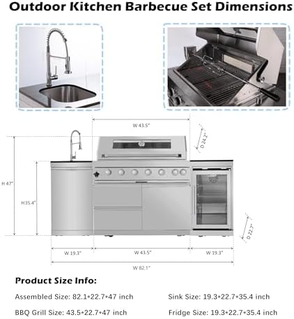 82 Inches 6-Burner 85000 BTU Natural Gas Outdoor Kitchen Island with Grill with Wine Cooler, Compact Refrigerator, Rotisserie, Granite Countertops & Storage, For Patio, Lawn, Backyard, Silver - Image 2