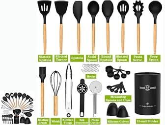 36 pcs Silicone Kitchen Cooking Utensils with Holder, Heat Resistant Cooking Sets Wooden Handle, Nonstick Kitchen Gadgets Tools Include Spatula Spoons Turner Pizza Cutter(Black) for Gift, K Trends - Image 6