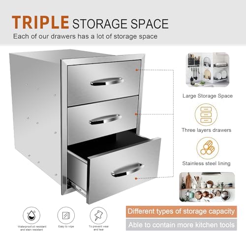 Pull Out Trash Drawer, Lower Sliding Rails Stainless Steel Roll Out Trash Bin Pull Out Tray With Handle For Outdoor Kitchen BBQ Island Grill Station,Three Drawers - Image 5