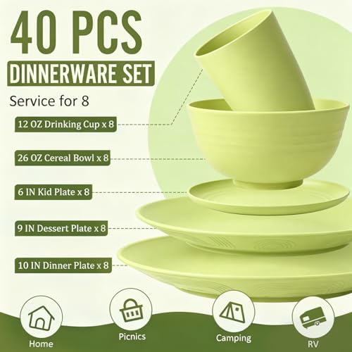 Wheat Straw Dinnerware Set 40-Piece Service for 8 Unbreakable Dishes Set Plates and Bowls Sets Drinking Glasses Microwave Safe Dish Set Lightweight Dinnerware Set for Home & Kitchen - Yellow - Image 2