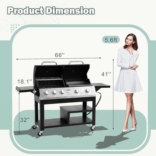 Outdoor Grill Griddle Combo, 54,000 BTU Propane BBQ with 627 SQ.IN. Cooking Area, Porcelain Cast Iron Grates, Foldable Tables, Locking Wheels & Storage Cabinet for Backyard - Image 6