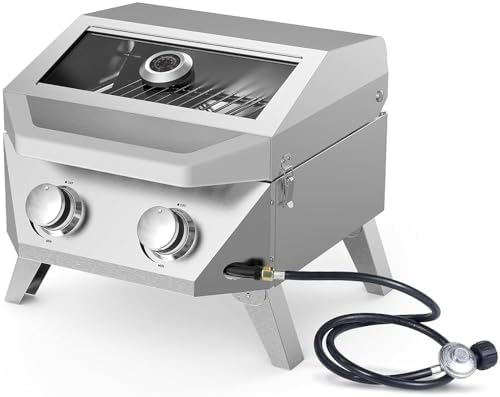 Bestfire 2-Burner Tabletop Gas Grill with Viewing Glass Lid, 20,000 BTU Stainless Steel Portable Propane BBQ Grill, Built-in Thermometer & Push-Button Ignition, for Outdoor Camping, RV, Tailgating by GrillsOutdoorCooking