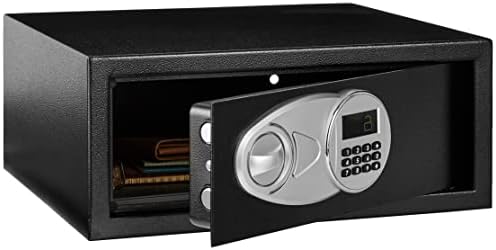 Amazon Basics Steel Security Safe and Lock Box with Digital Keypad, Electronic Lock, Emergency Key Open, Secure Cash, Jewelry, Documents, Black, 0.7 Cubic Feet, 16.9-x-14.6-x-7.1-inches (WxDxH) by AmazonBasics