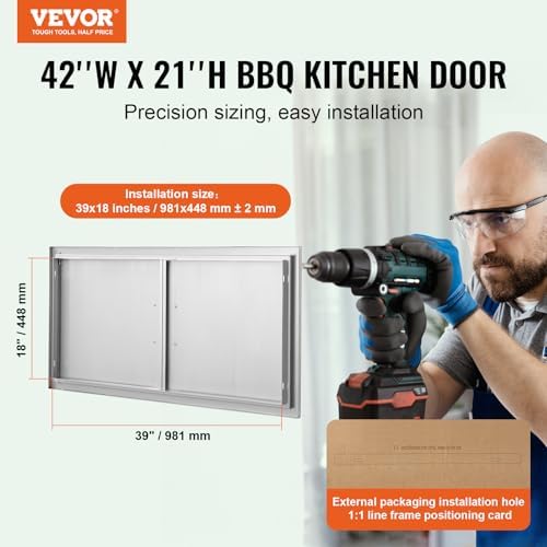 VEVOR BBQ Access Door, 42W x 21H Inch Double Outdoor Stainless Steel Flush Mount Door with Handles, for BBQ Island, Grilling Station, Outside Cabinet - Image 2