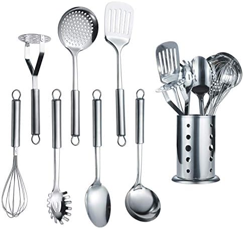 Berglander Cooking Utensil Set 8 Piece, Stainless Steel Kitchen Tool Set with Stand,Cooking Utensils, Slotted Tuner, Ladle, Skimmer, Serving Spoon, Pasta Server,Potato Maseher, Egg Whisk. （8 Pieces） by Berglander