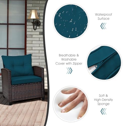 Tangkula 3 Pieces Patio Furniture Set, PE Rattan Wicker 3 Pcs Outdoor Sofa Set w/Washable Cushion and Tempered Glass Tabletop, Conversation Furniture for Garden Poolside Balcony (Prussian Blue) - Image 5