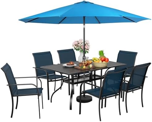 Incbruce 8 Pieces Patio Dining Set with Sky Blue Umbrella, Outdoor Dining Set of 6 Textilene Chairs and Rectangle Table with Umbrella Hole for Backyard, Garden, and Poolside (Blue) by Incbruce