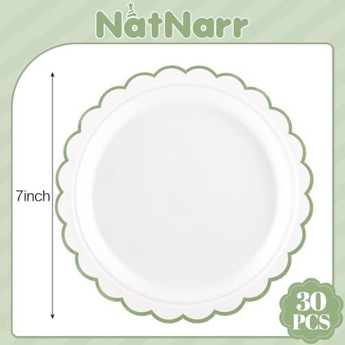 NatNarr 30 Pk Sage Green Plates 7" Scalloped Green White Dessert Cake Plate - Image 2