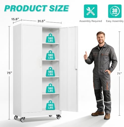 SISESOL 75" Tall White Metal Storage Cabinet with Wheels and Shelves - Image 3