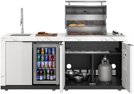 KoolMore Reserve 83 in. Outdoor Kitchen Suite with White Stone Counters and Sides, 4-Burner Grill, Stainless Steel Sink and Faucet - Image 6