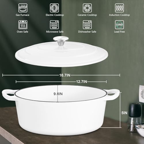 Leonyo 7-Quart Enameled Cast Iron Oval Dutch Oven Pot with Lid, White - Image 2