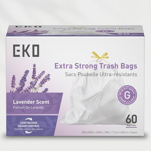 EKO 21 Gallon / 50-90 Liter, 60 Count Drawstring Trash Bags, Extra-Strong Garbage Bags, Lavender Scent with Continuous Odor Control, Easy-Dispense Roll for Kitchen and Household Use, Code G, White - Image 7