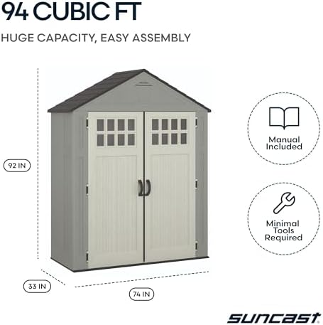 Suncast Everett 6x3 ft Vertical Storage Shed - Resin Outdoor Garden Shed with Floor, Windows, Skylight & Lockable Double Doors. Slim Yard Storage for Utility Tools & Backyard Equipment - Image 5