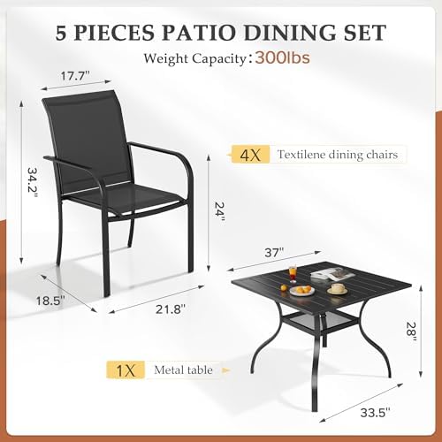 Incbruce 5 Pieces Patio Dining Set, Outdoor Dining Set of 4 Textilene Chairs and Square Table with Umbrella Hole for Backyard, Garden, and Poolside (Black) - Image 6