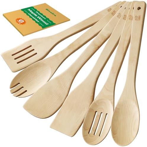Riveira Maple Wooden Spoons for Cooking Set of 6 – Natural Maple Wooden Cooking Utensils, Wooden Spatula, Wooden Spoon - Premium Quality Utensil Set for Non-Toxic Cooking by Riveira