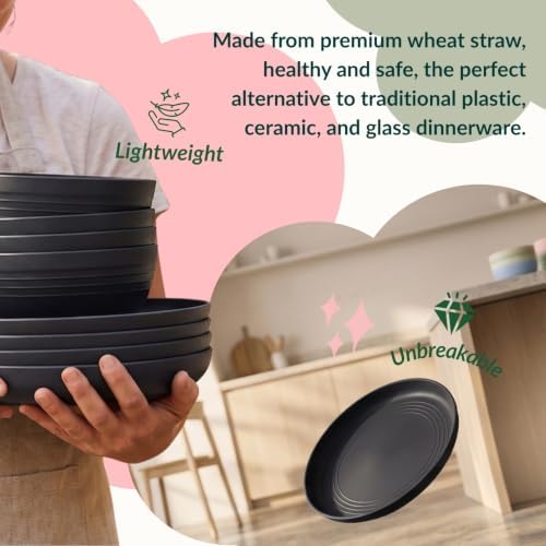 Homienly Wheat Straw Dinnerware Sets, Homienly 20pcs Unbreakable Microwave Dishwasher Safe Tableware Lightweight Bowls, Cups, Plates Set Reusable Dinner Plates Bowls set (Matte Black) - Image 5