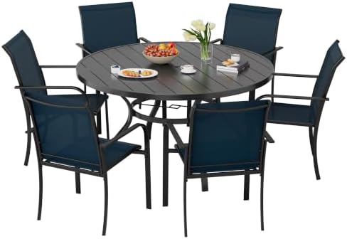 Incbruce 7 PCS Patio Dining Set, Outdoor Dining Set of 6 Textilene Chairs and 53" Round Table with Umbrella Hole for Backyard, Garden, and Poolside (Blue) by Incbruce