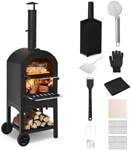 Happygrill Outdoor Pizza Oven Wood Fired with Wheels & Built-in Thermometer by HAPPYGRILL