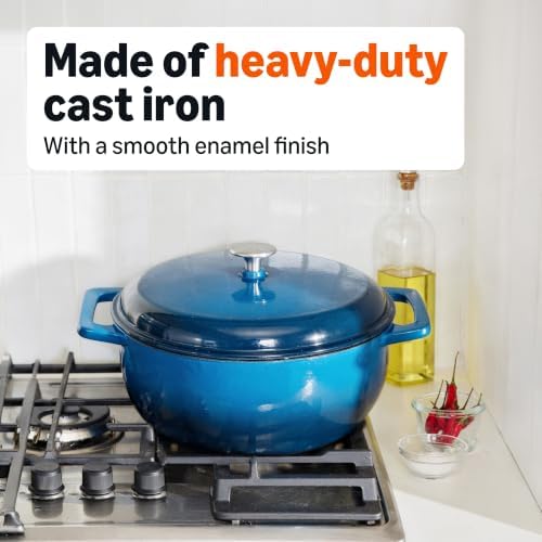 Amazon Basics Enameled Cast Iron Dutch Oven Pot With Lid, 6-Quart, Round, Dual Handles, Heavy-Duty, Oven Safe for Stews, Roasting & Baking, Blue - Image 4