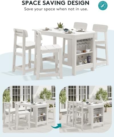 SERWALL 3-Piece Outdoor HDPE Counter-Height Bar Set with Rack, White - Image 6