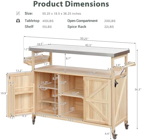 Outdoor Kitchen Island, Rolling Bar Cart & Storage Cabinet, Farmhouse Solid Wood Outdoor Grill Table with Stainless Steel Top, Spice Rack, Towel Rack for Kitchen & Barbecue, Natural - Image 3