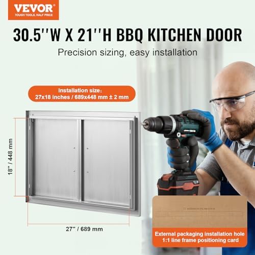 VEVOR BBQ Access Door, 30.5W x 21H Inch Double Outdoor Kitchen, Stainless Steel Flush Mount, Wall Vertical With Handles, for BBQ Island, Grilling Station, Outside Cabinet - Image 2