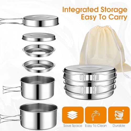 Funnymoom 15 Pcs Camp Cooking Set Stainless Steel Camping Cookware Mess Kit with Pot Pan and Stove 2 Set Stainless Steel Cups Plates Forks Knives Spoons for Camping Backpacking Outdoor Cooking Picnic - Image 3